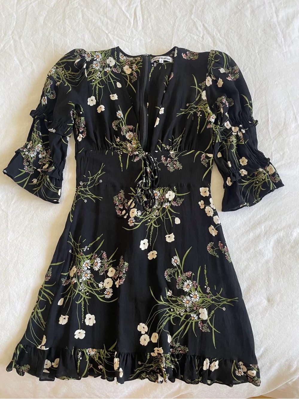 Reformation Black Floral Tie-Front Mini Dress